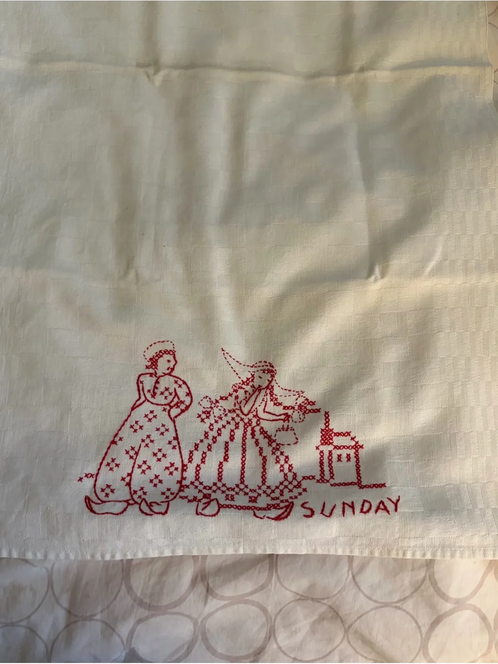Vintage Red Embroidered Days of Week Kitchen Towel. Set of 4